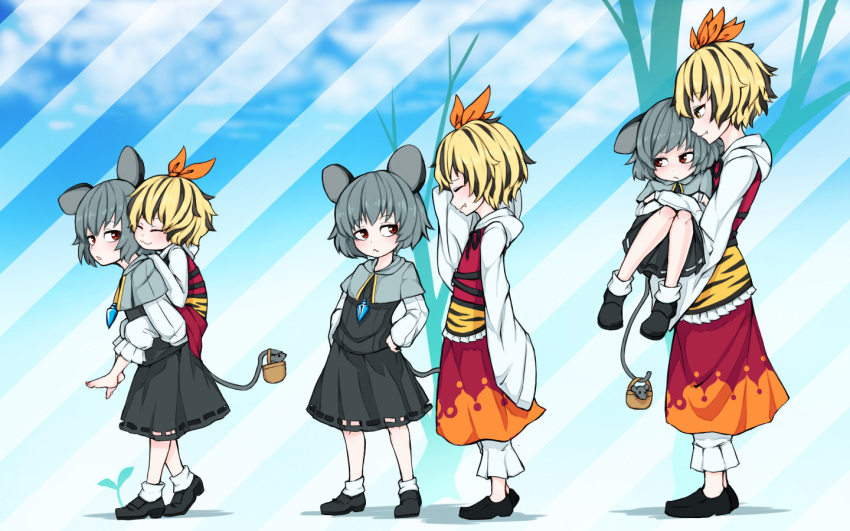 2girls :&lt; age_progression animal animal_ears animal_print basket black_footwear black_hair black_skirt blonde_hair blue_background carrying closed_eyes crossed_arms fang_out from_side grey_capelet grey_hair hair_ornament hands_on_hips jakomurashi jewelry long_sleeves mouse mouse_ears mouse_tail multicolored multicolored_clothes multicolored_hair multicolored_skirt multiple_girls nazrin orange_skirt pants pendant piggyback princess_carry red_eyes red_skirt shoes short_hair size_difference skirt skirt_set smile standing streaked_hair tail tiger_print toramaru_shou touhou tree white_legwear white_pants wide_sleeves yellow_eyes younger