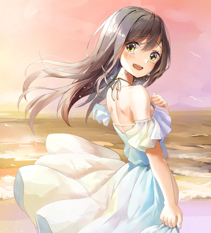 1girl :d arm_at_side bangs bare_shoulders bird blush brown_hair commentary_request cowboy_shot crying crying_with_eyes_open day dress eyebrows_visible_through_hair floating_hair halterneck hand_on_own_chest highres long_hair looking_at_viewer looking_to_the_side ocean off-shoulder_dress off_shoulder open_mouth original outdoors pink_sky round_teeth shi-ro short_sleeves shoulder_blades skirt_hold smile solo sparkle tareme tears teeth upper_teeth water white_dress wind yellow_eyes