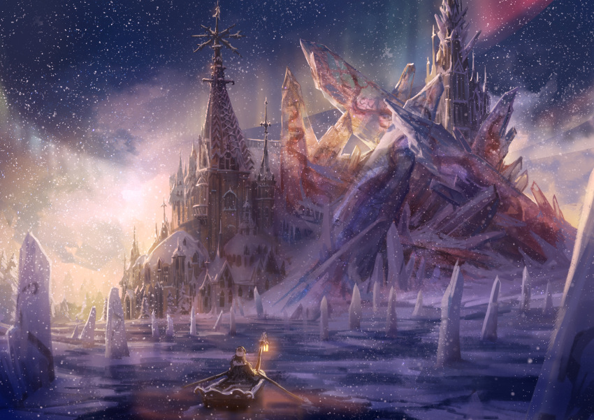 1girl absurdres aurora black_hair boat building castle commentary_request facing_away fantasy highres ice lamp long_hair night night_sky original outdoors scenery sky snowing water watercraft wide_shot winter you_shimizu