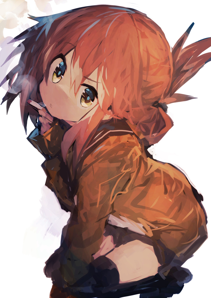 1girl absurdres bangs brown_hair brown_jacket cigarette commentary eyebrows_visible_through_hair folded_ponytail hair_between_eyes hand_on_own_knee highres holding inazuma_(kantai_collection) jacket kaamin_(mariarose753) kantai_collection looking_at_viewer out_of_character over-kneehighs sailor_collar sidelocks smoke smoking solo thigh-highs uneven_eyes white_background yellow_eyes