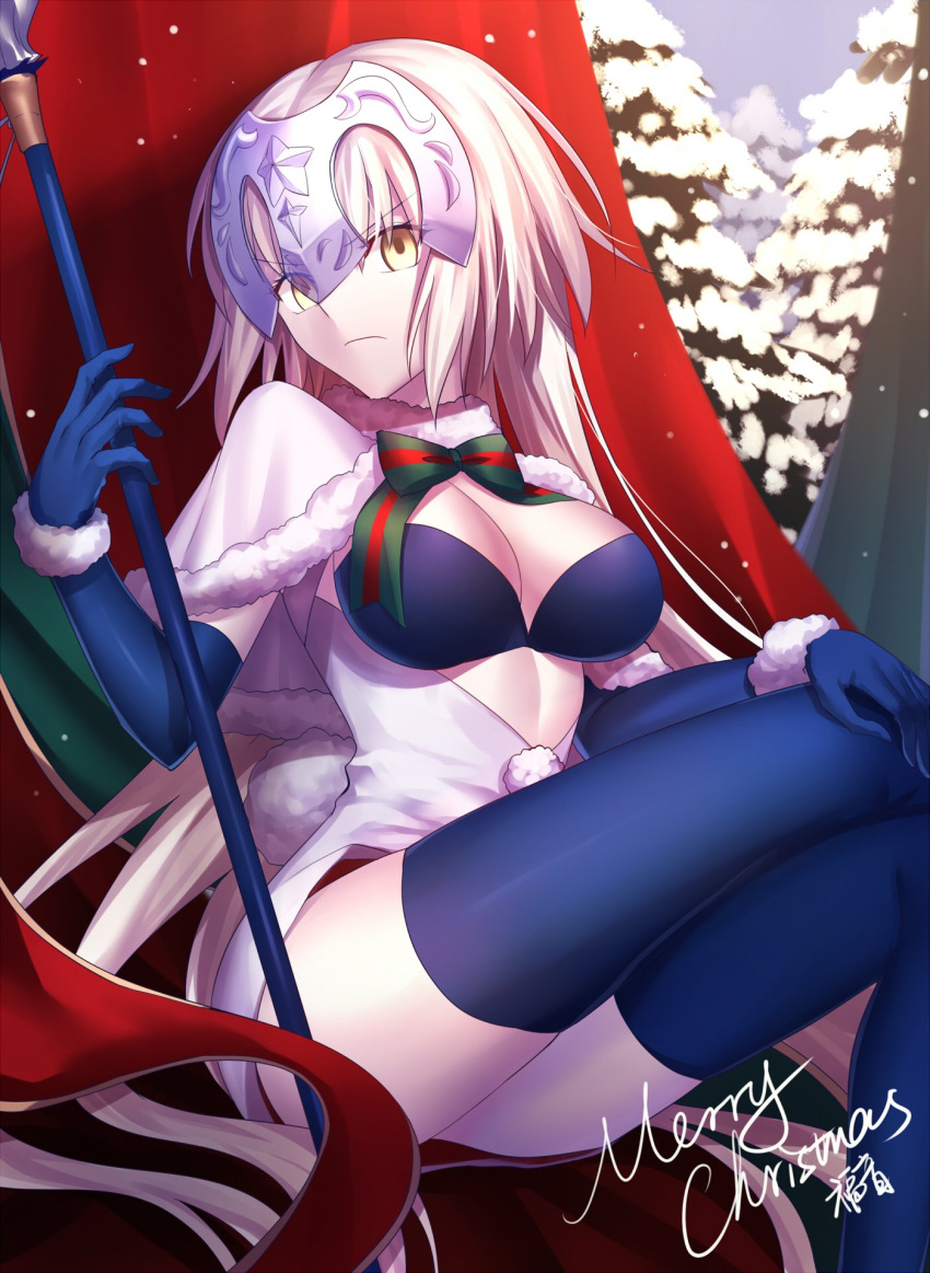 1girl banner black_gloves black_legwear breasts capelet cleavage cosplay elbow_gloves fate/grand_order fate_(series) frown gloves gogatsu_fukuin headpiece highres jeanne_d'arc_(alter)_(fate) jeanne_d'arc_(fate)_(all) jeanne_d'arc_alter_santa_lily jeanne_d'arc_alter_santa_lily_(cosplay) large_breasts long_hair merry_christmas pine_tree polearm signature sitting snow solo spear thigh-highs tree weapon white_hair yellow_eyes