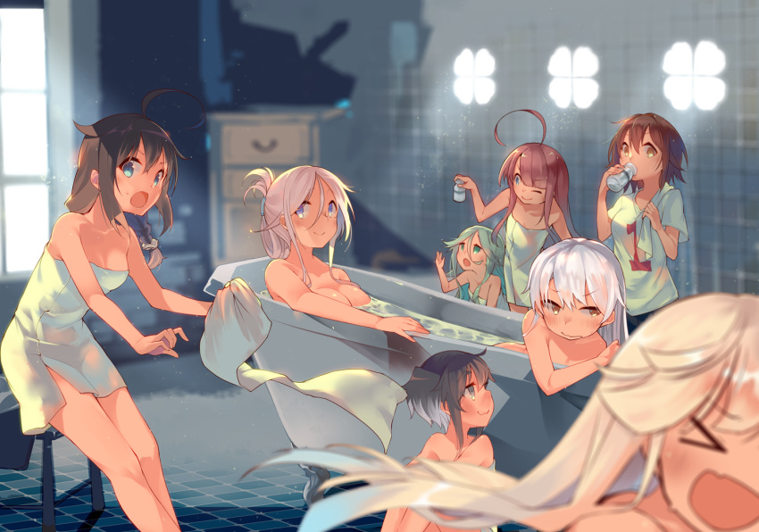 6+girls alternate_hairstyle amatsukaze_(kantai_collection) bath bathing bathroom black_hair blonde_hair blue_eyes blush bottle braid breasts brown_eyes brown_hair character_request chig closed_eyes closed_mouth eyebrows_visible_through_hair gradient_hair green_eyes green_hair hair_between_eyes hair_flaps hair_ornament hair_ribbon kantai_collection kawakaze_(kantai_collection) large_breasts long_hair medium_breasts messy_hair multicolored_hair multiple_girls naked_towel open_mouth ponytail redhead ribbon shigure_(kantai_collection) shirt short_hair short_hair_with_long_locks side_ponytail sidelocks silver_hair single_braid small_breasts smile straight_hair tokitsukaze_(kantai_collection) towel umikaze_(kantai_collection) very_long_hair water white_hair white_shirt window yamakaze_(kantai_collection) yuudachi_(kantai_collection)