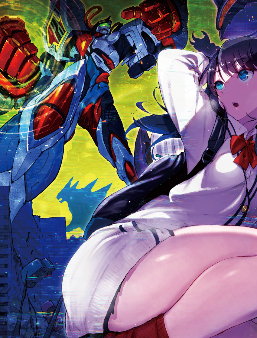 1girl absurdres bangs black_hair blue_eyes breasts collared_shirt commentary eyebrows_visible_through_hair gridman_(ssss) highres kaijuu long_hair long_sleeves school_uniform shirt ssss.gridman tagme thigh-highs translation_request white_shirt ze_(sawakihein)