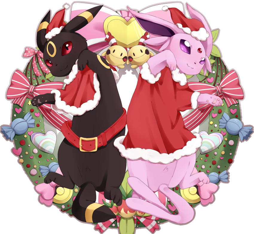 bell belt bow chingling christmas closed_mouth clothed_pokemon creatures_(company) crescent espeon facial_mark forehead_mark forked_tail game_freak gen_2_pokemon hat heart highres nintendo no_humans paws pointy_ears pokemon pokemon_(creature) ribbon santa_costume santa_hat simple_background smile tail umbreon white_background yukichi_(sukiyaki39)