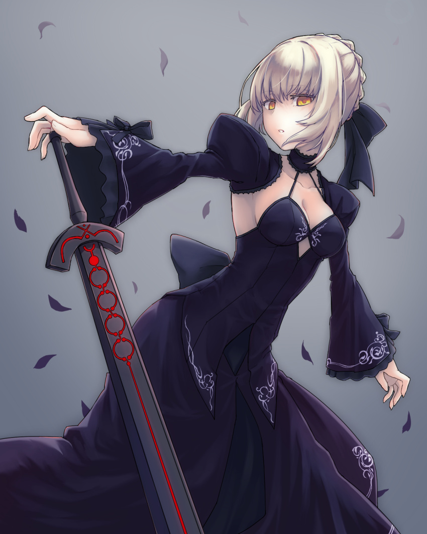 1girl artoria_pendragon_(all) bangs black_bow black_skirt black_sleeves bow braided_bun breasts cleavage collarbone dark_excalibur detached_sleeves eyebrows_visible_through_hair fate/stay_night fate_(series) formal grey_background hand_on_hilt highres long_skirt long_sleeves medium_breasts namec0 petals saber_alter short_hair sideboob silver_hair simple_background skirt skirt_suit solo suit yellow_eyes