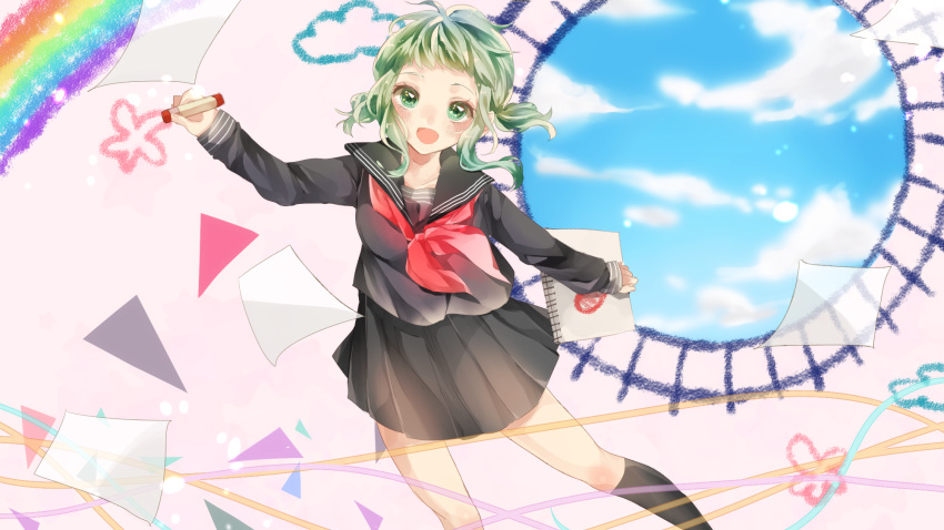 1girl :d ahoge bangs black_legwear black_sailor_collar black_serafuku black_shirt black_skirt book commentary_request drawing flower green_eyes green_hair gumi highres holding holding_book kneehighs long_sleeves looking_at_viewer mizuki_cream neckerchief open_mouth papers pleated_skirt rainbow red_neckwear sailor_collar school_uniform serafuku shirt short_hair_with_long_locks sketchbook skirt sky smile solo twintails vocaloid