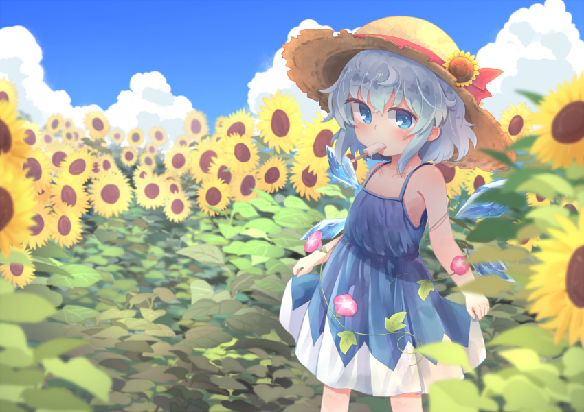 1girl adapted_costume bare_arms bare_shoulders blue_dress blue_eyes blue_hair blue_sky blurry blush cirno clouds collarbone day depth_of_field dress eyebrows_visible_through_hair field flat_chest flower flower_field food hat hat_flower hat_ribbon ice ice_cream ice_wings kibisake melting morning_glory mouth_hold outdoors red_ribbon ribbon short_hair skirt_hold sky sleeveless sleeveless_dress solo standing straw_hat sun_hat sunflower tanned_cirno touhou wings