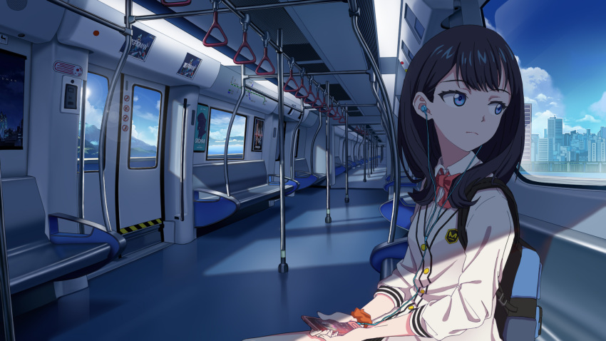 1girl backpack bag black_hair blue blue_eyes blue_sky building clouds day digital_media_player earphones earphones highres long_hair looking_out_window looking_to_the_side lujao_haitang orange_scrunchie school_uniform scrunchie sitting sky skyscraper solo ssss.gridman takarada_rikka train_interior wrist_scrunchie