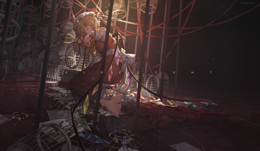 1girl ascot barefoot blonde_hair blurry blurry_background cage closed_eyes crystal dark depth_of_field english feet flandre_scarlet full_body highres key keychain leaning_forward long_hair mivit on_floor puffy_short_sleeves puffy_sleeves red_ribbon red_skirt reflection ribbon sash shirt short_sleeves sitting skirt skirt_set soles solo toes torn_clothes torn_skirt touhou white_shirt wings yellow_neckwear