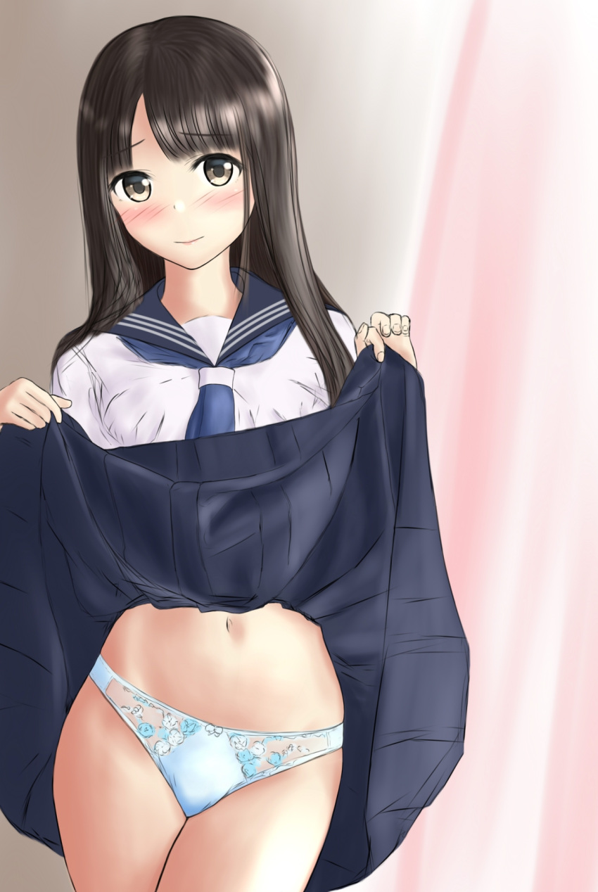 1girl bangs black_eyes black_hair black_skirt blouse blue_neckwear blue_panties blurry blurry_background blush bow bow_panties closed_mouth commentary_request contrapposto cowboy_shot eyebrows_visible_through_hair frown highres leaning_to_the_side lifted_by_self lips long_hair looking_at_viewer navel neckerchief original panties partial_commentary pleated_skirt school_uniform serafuku skirt skirt_lift solo standing thighs underwear uniform white_blouse yurugumo