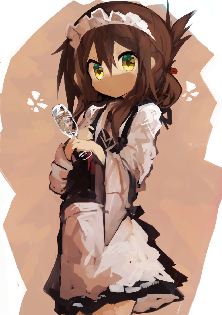 1girl absurdres alternate_costume apron bangs brown_hair cowboy_shot cup drinking_glass enmaided eyebrows_visible_through_hair folded_ponytail hair_between_eyes hand_on_own_chest highres holding inazuma_(kantai_collection) kaamin_(mariarose753) kantai_collection long_sleeves looking_at_viewer maid maid_apron maid_headdress orange_background sidelocks solo standing yellow_eyes