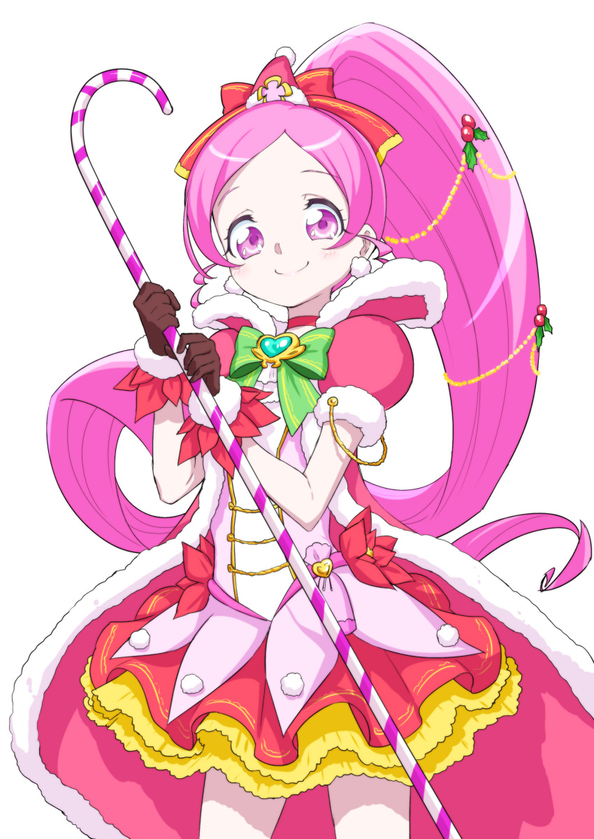 1girl adapted_costume brown_gloves choker closed_mouth cure_blossom gloves hair_ribbon hanasaki_tsubomi heart heartcatch_precure! highres holding holding_staff long_hair looking_at_viewer magical_girl matatabi_(karukan222) pink_eyes pink_hair ponytail precure red_choker red_ribbon red_skirt ribbon short_sleeves simple_background skirt smile solo staff white_background