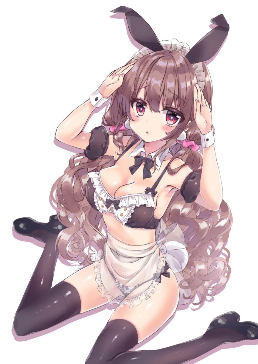 1girl :o animal_ears apron arms_up bangs bare_shoulders bikini black_bikini black_bow black_footwear black_sleeves blush bow bow_bra bra breasts brown_hair brown_legwear bunny_pose cleavage collarbone commentary_request curly_hair detached_collar detached_sleeves eyebrows_visible_through_hair frilled_apron frills hair_between_eyes high_heels highres honoka_chiffon long_hair looking_at_viewer low_twintails maid_bikini maid_headdress medium_breasts original parted_lips puffy_short_sleeves puffy_sleeves rabbit_ears red_eyes see-through shoes short_sleeves side-tie_bikini sitting solo swimsuit thigh-highs twintails underwear very_long_hair waist_apron wariza white_apron white_background white_collar wrist_cuffs