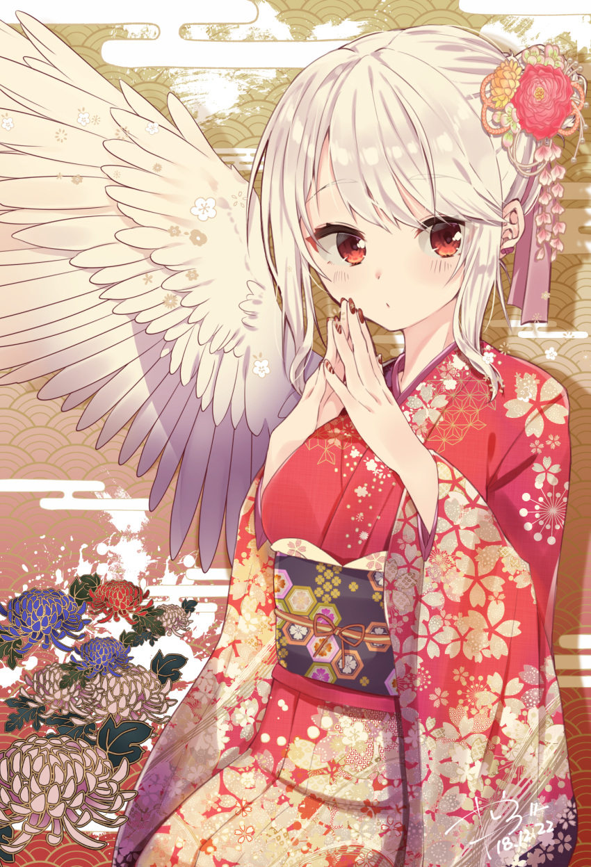 1girl abe_suke alternate_costume bangs blue_flower commentary_request dated egasumi eyebrows_visible_through_hair feathered_wings fingers_together floral_print flower hair_flower hair_ornament hair_ribbon highres japanese_clothes kimono kishin_sagume long_hair long_sleeves looking_at_viewer nail_art nail_polish obi pink_ribbon red_eyes red_flower red_kimono ribbon sash signature silver_hair single_wing solo touhou upper_body white_wings wide_sleeves wings