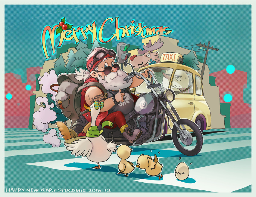absurdres adapted_costume backpack bag beard bird blue_eyes chick christmas commentary_request driving egg facial_hair fat fat_man goggles goggles_on_head goose ground_vehicle helmet highres huge_filesize merry_christmas motor_vehicle motorcycle mullet old_man original rudolph_the_red_nosed_reindeer santa_claus scarf shoulder_tattoo snowman supandaman tattoo taxi thumbs_up