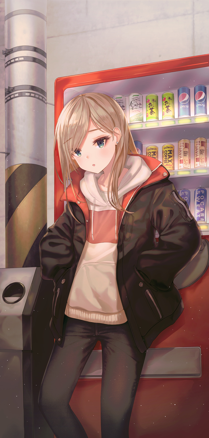 1girl :o bangs black_jacket black_pants blonde_hair blush bosumonki can canned_coffee day drawstring drink earrings eyebrows_visible_through_hair eyelashes feet_out_of_frame green_eyes hands_in_pockets highres hood hood_down hoodie jacket jewelry light_particles long_sleeves looking_at_viewer open_clothes open_jacket original outdoors pants parted_lips pepsi puffy_sleeves solo standing swept_bangs telephone_pole trash_can vending_machine white_hoodie