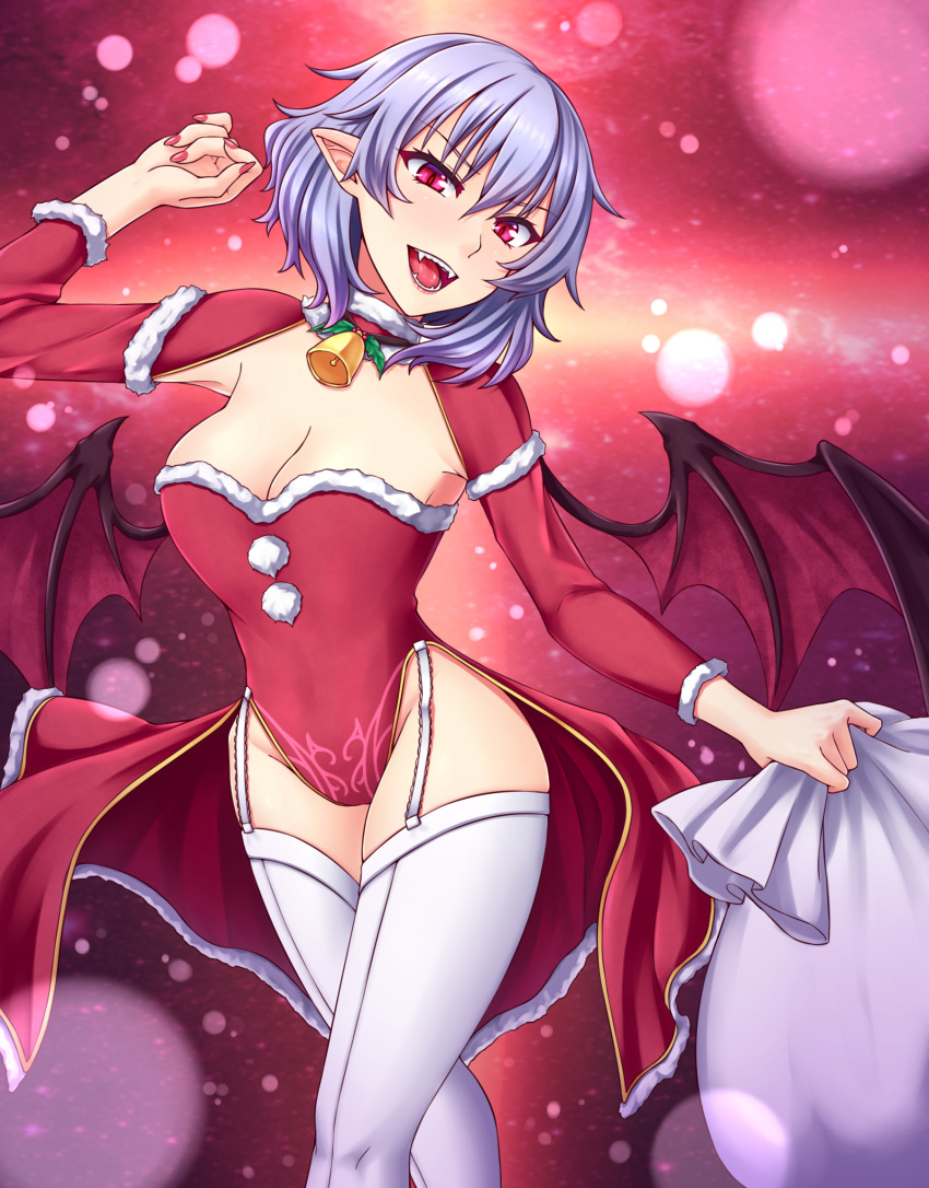 1girl :d bat_wings breasts christmas cleavage eyebrows_visible_through_hair fangs garter_straps highres lavender_hair looking_at_viewer medium_breasts nail_polish no_hat no_headwear open_mouth pointy_ears red_eyes red_nails remilia_scarlet short_hair smile solo standing teeth thigh-highs touhou white_legwear wings zeramu