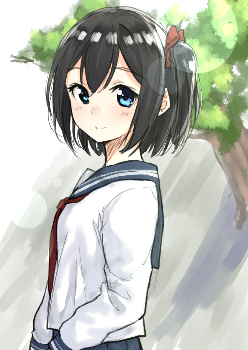 1girl black_hair blue_eyes blue_sailor_collar blue_skirt closed_mouth day from_side hair_ribbon highres long_sleeves looking_at_viewer looking_to_the_side neckerchief one_side_up original outdoors pleated_skirt red_neckwear red_ribbon ribbon sailor_collar school_uniform serafuku shirt skirt smile solo suzunari_shizuku tree white_shirt yuki_arare