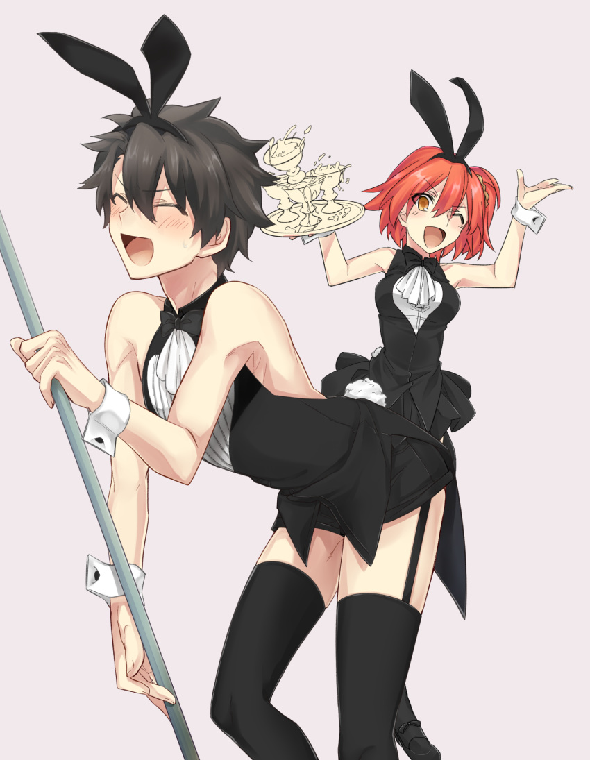 1boy 1girl ;d animal_ears arm_up ascot black_hair black_hairband black_legwear black_neckwear black_shirt black_shorts black_skirt broom brown_eyes bunny_tail bunnysuit closed_eyes crossdressinging fake_animal_ears fate/grand_order fate_(series) fujimaru_ritsuka_(female) fujimaru_ritsuka_(male) garter_straps grey_background hair_between_eyes hair_ornament hairband highres holding holding_broom holding_plate miniskirt one_eye_closed open_mouth orange_hair plate pleated_skirt rabbit_ears shirt short_hair short_shorts shorts side_ponytail simple_background skirt sleeveless sleeveless_shirt smile tail thigh-highs wakayama_kyuuaka white_neckwear