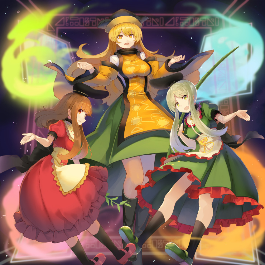 3girls :d absurdres apron aura bangs black_footwear black_hat black_legwear blonde_hair boots bow breasts brown_hair commentary_request detached_sleeves dress eyebrows_visible_through_hair feet_out_of_frame frilled_apron frills green_dress green_footwear green_hair green_skirt hands_up hat highres kneehighs long_hair long_sleeves looking_at_viewer mary_janes matara_okina medium_breasts multiple_girls nishida_satono open_mouth pink_bow pink_dress pink_eyes pink_footwear pink_ribbon profile puffy_short_sleeves puffy_sleeves ribbon rin_falcon shirt shoes short_hair_with_long_locks short_sleeves sidelocks skirt smile tabard teireida_mai thighs touhou very_long_hair waist_apron white_apron white_shirt wide_sleeves yellow_bow yellow_eyes yellow_ribbon