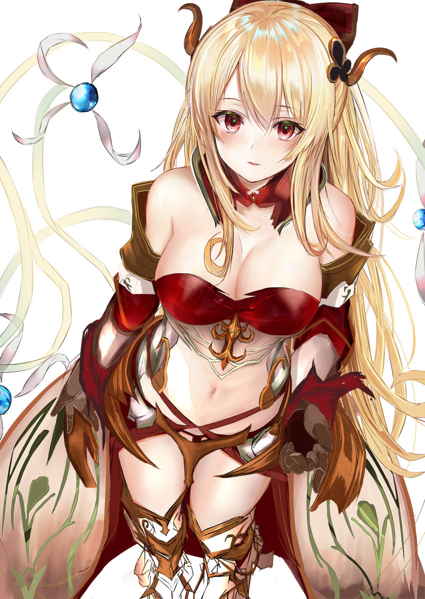 1girl absurdres armor bangs bare_shoulders bikini bikini_armor blonde_hair bow breasts brown_gloves cleavage commentary_request curled_horns detached_collar eyebrows_visible_through_hair gloves granblue_fantasy hair_between_eyes hair_bow hair_ornament highres horns long_hair looking_at_viewer medium_breasts navel parted_lips red_bikini red_bow red_collar red_eyes revealing_clothes ria_(riarea00) sketch solo swimsuit very_long_hair vira_lilie white_background