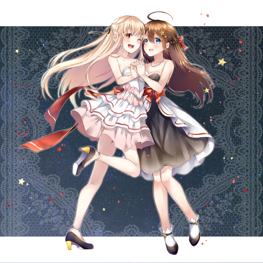 2girls alternate_costume alternate_hairstyle black_footwear black_hair black_ribbon blonde_hair blue_eyes blush breasts dress eyebrows_visible_through_hair frilled_dress frills full_body gradient_hair hair_between_eyes hair_down hair_flaps hair_ornament hair_ribbon hairclip highres kantai_collection long_dress long_hair mashiro_aa messy_hair multicolored_hair multiple_girls one_eye_closed red_eyes ribbon shigure_(kantai_collection) shoes small_breasts very_long_hair yuudachi_(kantai_collection)