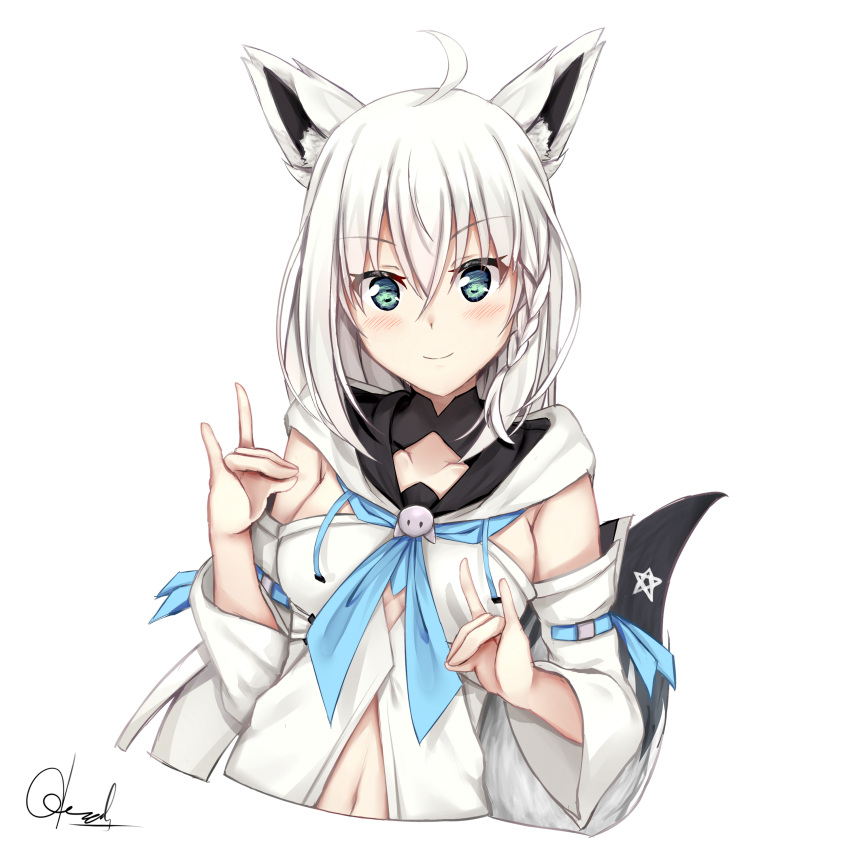 1girl \n/ absurdres ahoge animal_ear_fluff animal_ears aqua_eyes armpit_crease bangs blue_neckwear blush braid breasts chrisandita closed_mouth collarbone commentary cropped_torso detached_collar detached_sleeves double_\n/ eyebrows_visible_through_hair fox_ears fox_girl fox_tail hair_between_eyes hand_up highres hololive hood hood_down long_hair long_sleeves looking_at_viewer medium_breasts navel neckerchief shirakami_fubuki sidelocks signature simple_background smile solo star tail virtual_youtuber white_background white_hair wide_sleeves