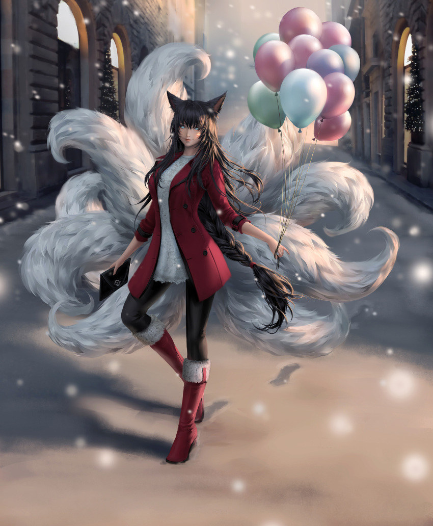 1girl ahri animal_ears bangs black_hair black_legwear blue_eyes boots braid building casual christmas chuby_mi coat footprints fox_ears fox_tail hair_between_eyes highres holding holding_balloon league_of_legends lips long_hair looking_at_viewer multiple_tails open_clothes open_coat outdoors pants red_coat red_footwear slit_pupils smile snowing solo standing tail whisker_markings