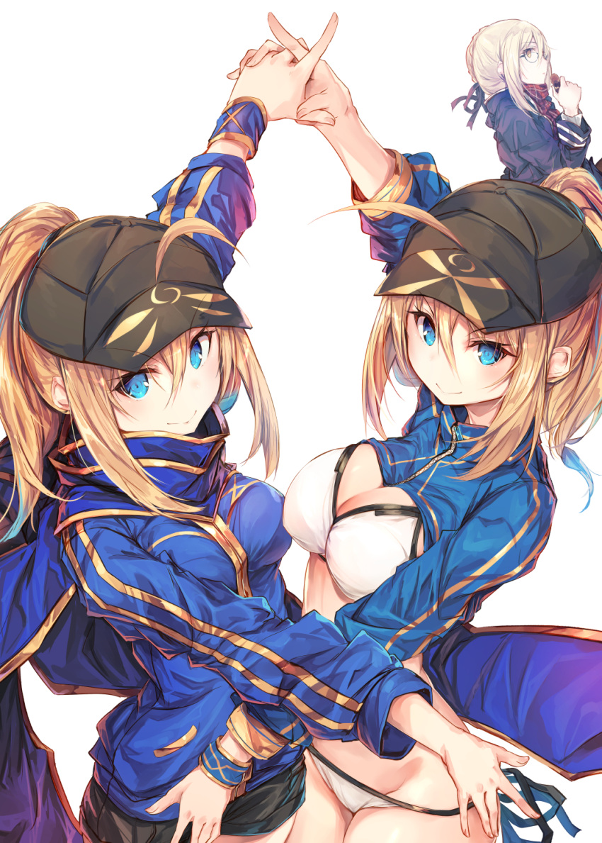 &gt;:) 3girls ahoge arm_up artoria_pendragon_(all) bangs baseball_cap bikini black_hat black_jacket black_ribbon black_shorts blonde_hair blue_eyes blue_jacket blush braid breasts brown_eyes cleavage closed_mouth commentary_request eyebrows_visible_through_hair fal_maro fate/grand_order fate_(series) fingernails food glasses groin hair_between_eyes hair_bun hair_ribbon hair_through_headwear hand_holding hat high_ponytail highres holding holding_food interlocked_fingers jacket long_hair long_sleeves looking_at_viewer medium_breasts multiple_girls mysterious_heroine_x mysterious_heroine_x_(alter) plaid plaid_scarf ponytail profile red_scarf ribbon scarf short_shorts shorts side-tie_bikini sidelocks smile swimsuit track_jacket v-shaped_eyebrows white_background white_bikini
