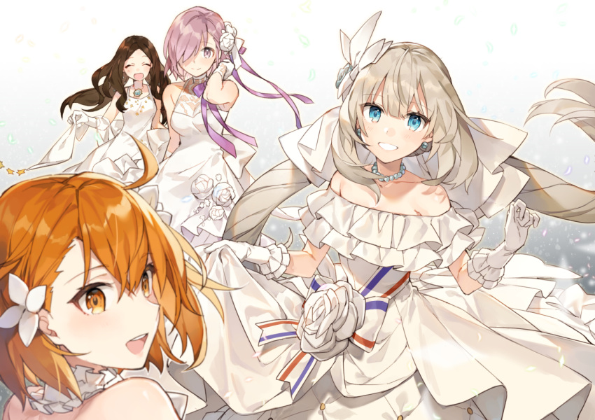 4girls :d bangs bare_shoulders blue_eyes blush breasts brown_eyes brown_hair commentary_request dress eyebrows_visible_through_hair facing_viewer fate/grand_order fate_(series) flower forehead fujimaru_ritsuka_(female) gloves gradient gradient_background grey_background hair_between_eyes hair_flower hair_ornament leonardo_da_vinci_(fate/grand_order) long_hair looking_at_viewer marie_antoinette_(fate/grand_order) mash_kyrielight multiple_girls off-shoulder_dress off_shoulder open_mouth parted_bangs purple_hair rose shirako_miso silver_hair sleeveless sleeveless_dress small_breasts smile very_long_hair violet_eyes white_background white_dress white_flower white_gloves white_rose