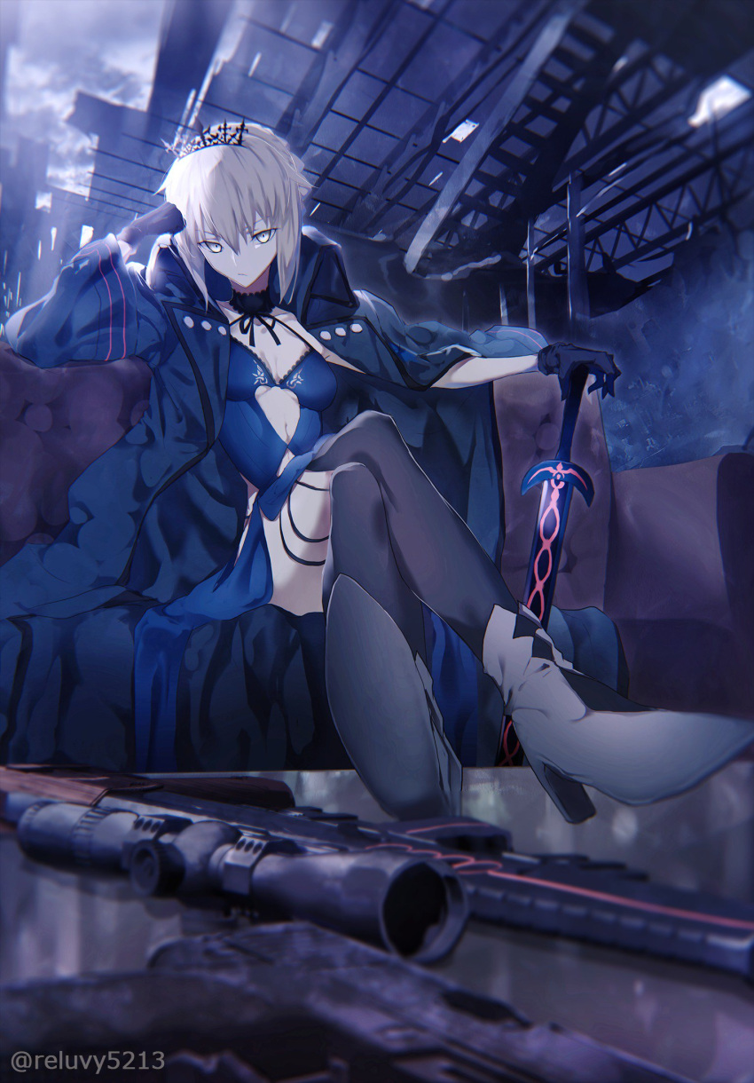 1girl ahoge artoria_pendragon_(all) bangs black_gloves blonde_hair blue_coat blue_dress blurry_foreground boots braid breasts choker closed_mouth clouds coat coffee_table collarbone corruption couch crown_braid dark_excalibur dark_persona dress elbow_rest expressionless fate/stay_night fate_(series) feet_on_table gloves gun hair_ribbon hand_on_sword handgun head_on_hand high_heel_boots high_heels highres indoors lace lace-trimmed_dress lace_choker legs_crossed long_coat long_hair looking_at_viewer medium_breasts navel night reluvy ribbon rifle ruins saber_alter sidelocks sitting sniper_rifle solo sword thigh_strap tiara tsurime twitter_username weapon yellow_eyes