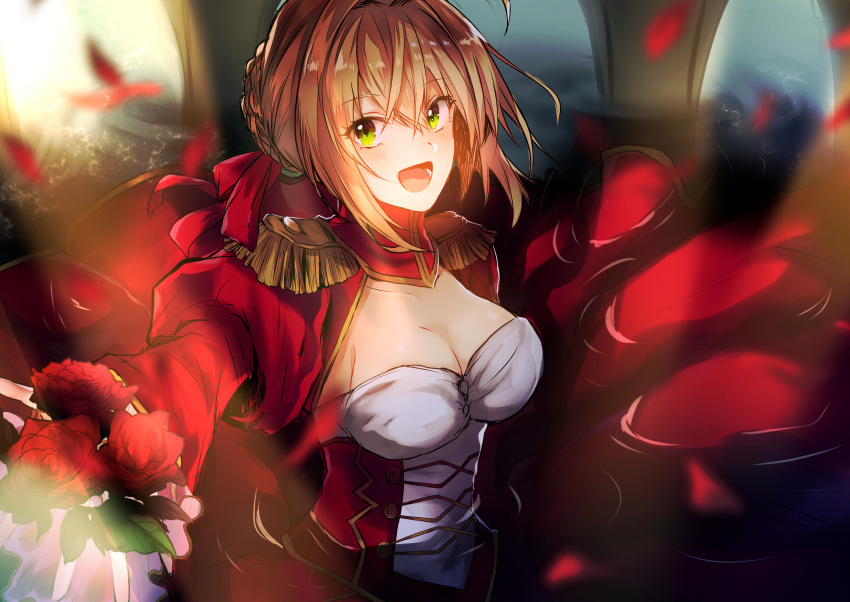 1girl :d absurdres blonde_hair braided_bun breasts cleavage corset eyebrows_visible_through_hair fate/extra fate_(series) flower green_eyes hair_between_eyes highres large_breasts long_skirt looking_at_viewer nero_claudius_(fate) nero_claudius_(fate)_(all) open_mouth outstretched_arm partially_submerged red_flower red_petals red_rose red_skirt red_sleeves rose shiny shiny_hair short_hair shrug_(clothing) skirt smile solo tobari_(usa_barashi) upper_body water