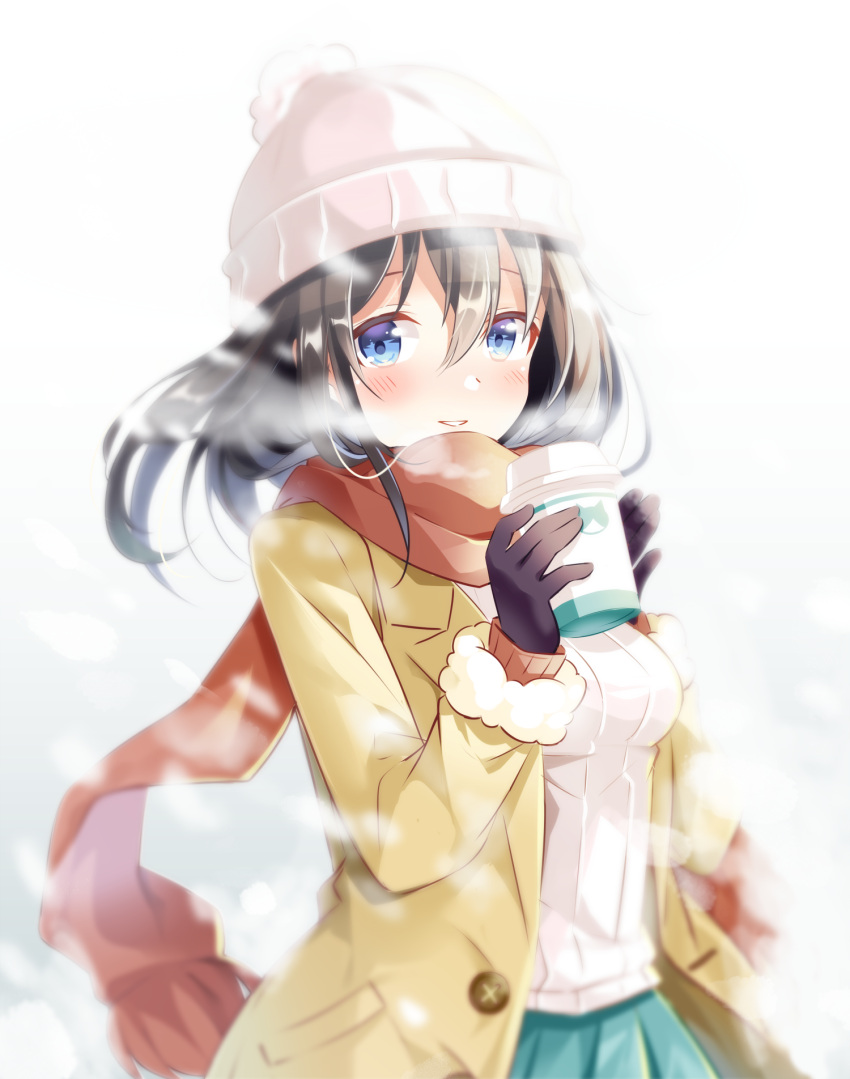 1girl aqua_skirt bangs beanie black_gloves black_hair blue_eyes blurry blush breasts buttons coat commentary_request cup depth_of_field disposable_cup enpera fur-trimmed_sleeves fur_trim gloves hair_between_eyes hat highres holding holding_cup long_coat long_hair long_sleeves looking_at_viewer medium_breasts miniskirt open_clothes open_coat orange_scarf original parted_lips pleated_skirt revision ribbed_sweater scarf shiro_kuma_shake sidelocks skirt snowing solo standing sweater tareme upper_body white_background white_hat white_sweater wing_collar winter winter_clothes yellow_coat