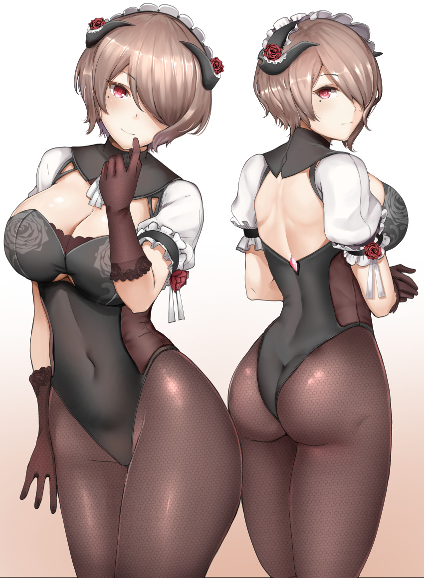 1girl absurdres arm_at_side ass back_cutout black_gloves black_legwear black_leotard breasts brown_hair chiyo_goya cleavage cleavage_cutout commentary commentary_request covered_navel english_commentary eyebrows_visible_through_hair finger_to_mouth floral_print flower frilled_sleeves frills gloves gradient gradient_background hair_flower hair_ornament hair_over_one_eye highres honkai_impact horns huge_filesize large_breasts legs_together leotard looking_at_viewer looking_back maid_headdress mole mole_under_eye multiple_views pantyhose print_gloves puffy_short_sleeves puffy_sleeves red_eyes rita_rossweisse shiny shiny_hair short_hair short_sleeves standing unmoving_pattern