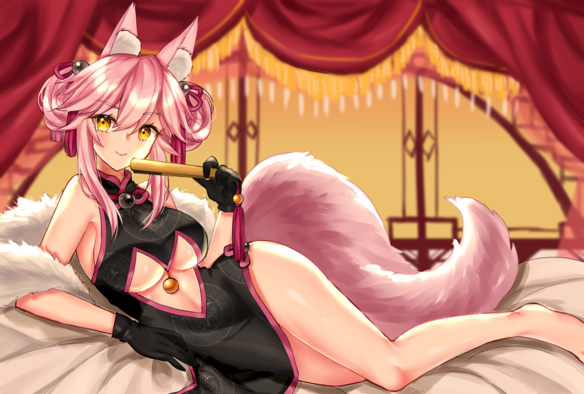 1girl absurdres alternate_hairstyle animal_ear_fluff animal_ears black_gloves breasts china_dress chinese_clothes dress fan fate/grand_order fate_(series) fox_ears fox_girl fox_tail gloves highres indoors koyanskaya large_breasts long_hair looking_at_viewer lying on_side pink_hair smile solo tail tamamo_(fate)_(all) under_boob yellow_eyes