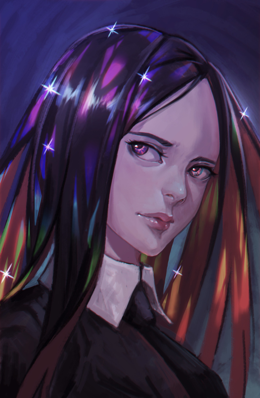 1other absurdres androgynous black_eyes black_hair black_neckwear blue_background bort gem_uniform_(houseki_no_kuni) highres houseki_no_kuni long_hair looking_at_viewer necktie portrait snow7a solo very_long_hair violet_eyes