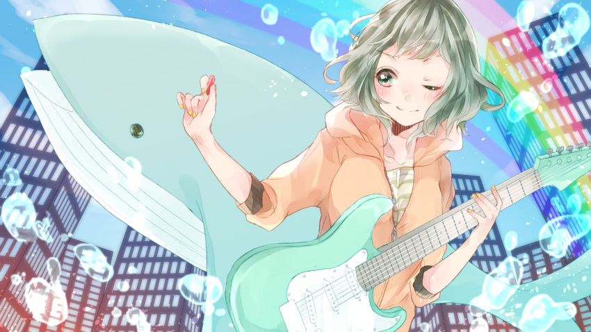 1girl ;) bangs blush bubble building commentary_request electric_guitar green_eyes green_hair guitar gumi highres hood hood_down hooded_jacket instrument jacket mizuki_cream nail_polish one_eye_closed orange_jacket plectrum rainbow short_hair skyscraper smile solo upper_body v-shaped_eyebrows vocaloid whale yellow_nails