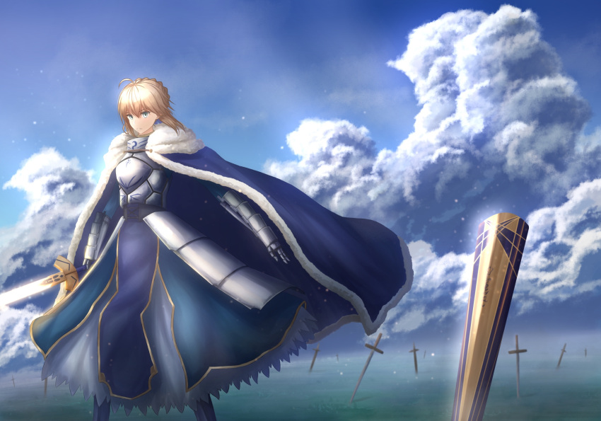 1girl ahoge armor armored_dress artoria_pendragon_(all) blonde_hair blue_dress blue_sky braided_bun breastplate clouds dress excalibur eyebrows_visible_through_hair fate/stay_night fate_(series) faulds gauntlets green_eyes hair_between_eyes highres holding holding_sword holding_weapon outdoors saber sheath sidelocks sky solo standing sword unsheathed weapon zumi6