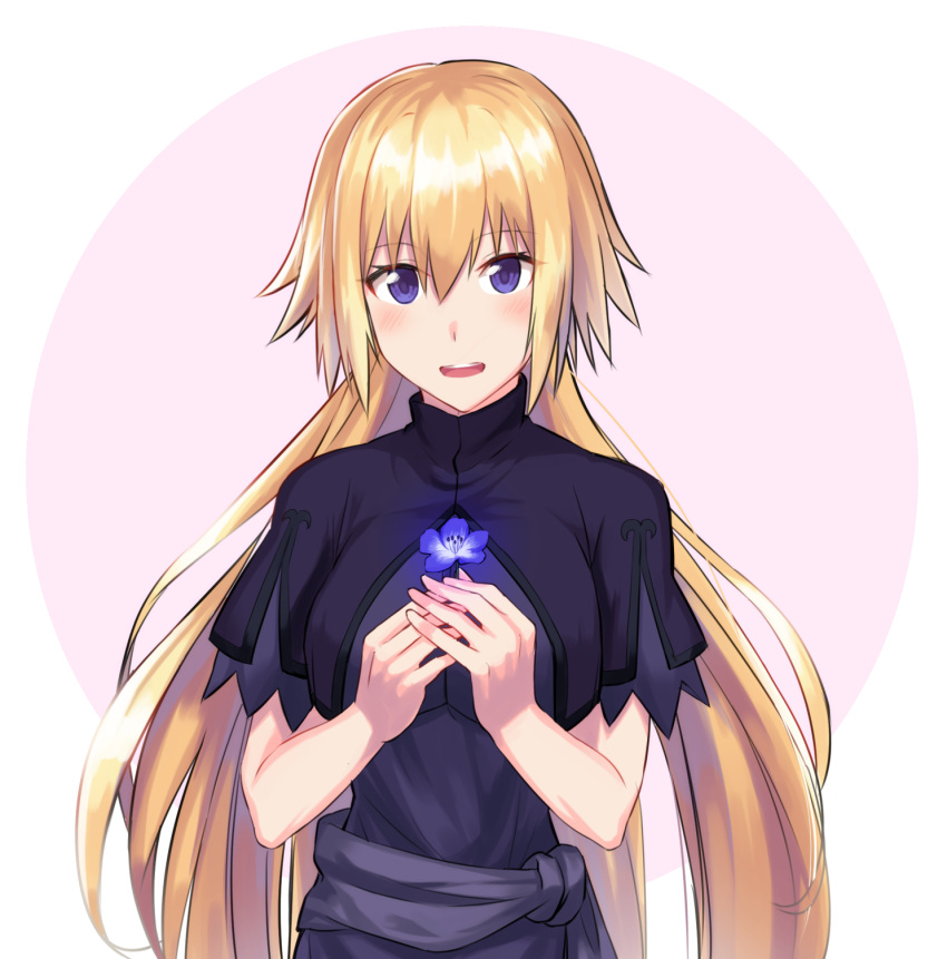 1girl blonde_hair blush breasts circle fate/apocrypha fate/grand_order fate_(series) flower highres holding holding_flower jeanne_d'arc_(fate) jeanne_d'arc_(fate)_(all) large_breasts long_hair looking_at_viewer nyorotono open_mouth solo upper_body very_long_hair violet_eyes white_background