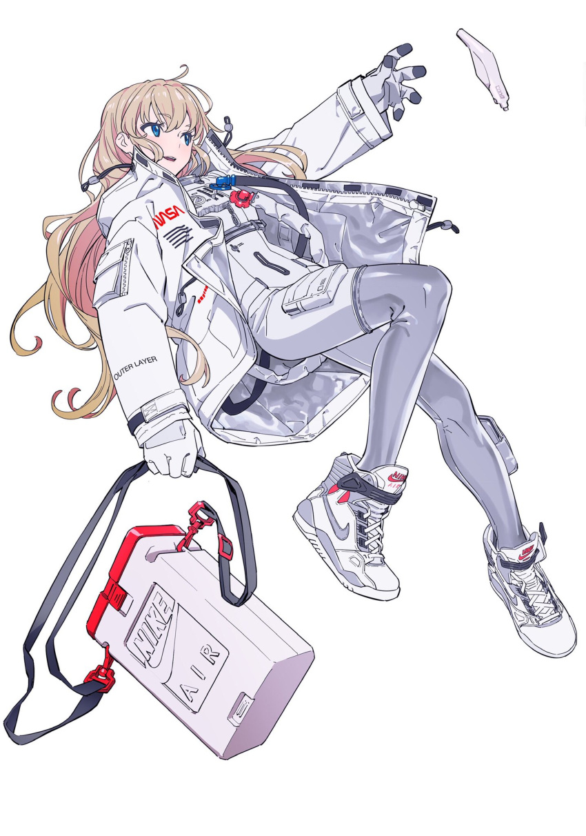 1girl blonde_hair blue_eyes boots commentary container full_body gloves highres hose jacket long_hair nasa_logo nike original shoes sneakers solo tarou2 white_background white_footwear white_gloves white_jacket