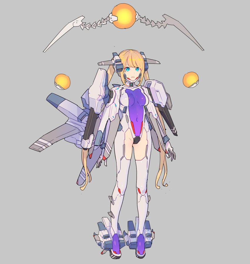 1girl armor bit_(r-type) blonde_hair blue_eyes bodysuit boots breasts closed_mouth commentary_request covered_navel floating floating_object force_(r-type) full_body grey_background high_heel_boots high_heels highres long_hair mecha_musume medium_breasts multicolored_hair nagisa_kurousagi personification r-type r-type_delta rigging rx-10_albatross shoulder_armor sidelocks simple_background solo standing twintails very_long_hair white_bodysuit