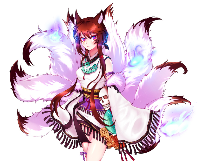 1girl alternate_costume animal_ears bangs blue_fire blush breasts brown_hair chinese_clothes closed_mouth commentary_request detached_sleeves fire fox_ears fox_girl fox_tail fur_trim girls_frontline halloween highres jade_(stone) jewelry k_milk12000 kitsune looking_at_viewer multiple_tails obi red_eyes ribbon sash sidelocks skull small_breasts smile solo tail type_79_(girls_frontline) wide_sleeves