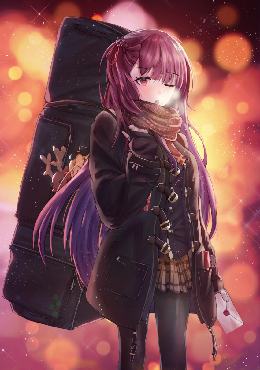 1girl alternate_costume arm_behind_back arm_up artist_name bangs belt black_gloves black_legwear blazer blunt_bangs blush breasts breath breathing brown_hair brown_skirt buckle coat cold commentary_request eyebrows_visible_through_hair eyes_visible_through_hair girls_frontline gloves hair_ribbon highres holding holding_letter holding_strap jacket large_breasts leaning_forward long_hair looking_at_viewer necktie necoring862 night night_sky one_eye_closed one_side_up open_clothes open_coat open_mouth pantyhose pleated_skirt purple_hair red_eyes red_neckwear red_scarf ribbon scarf skirt sky snowflake_print solo sparkle standing very_long_hair wa2000_(girls_frontline) weapon_bag
