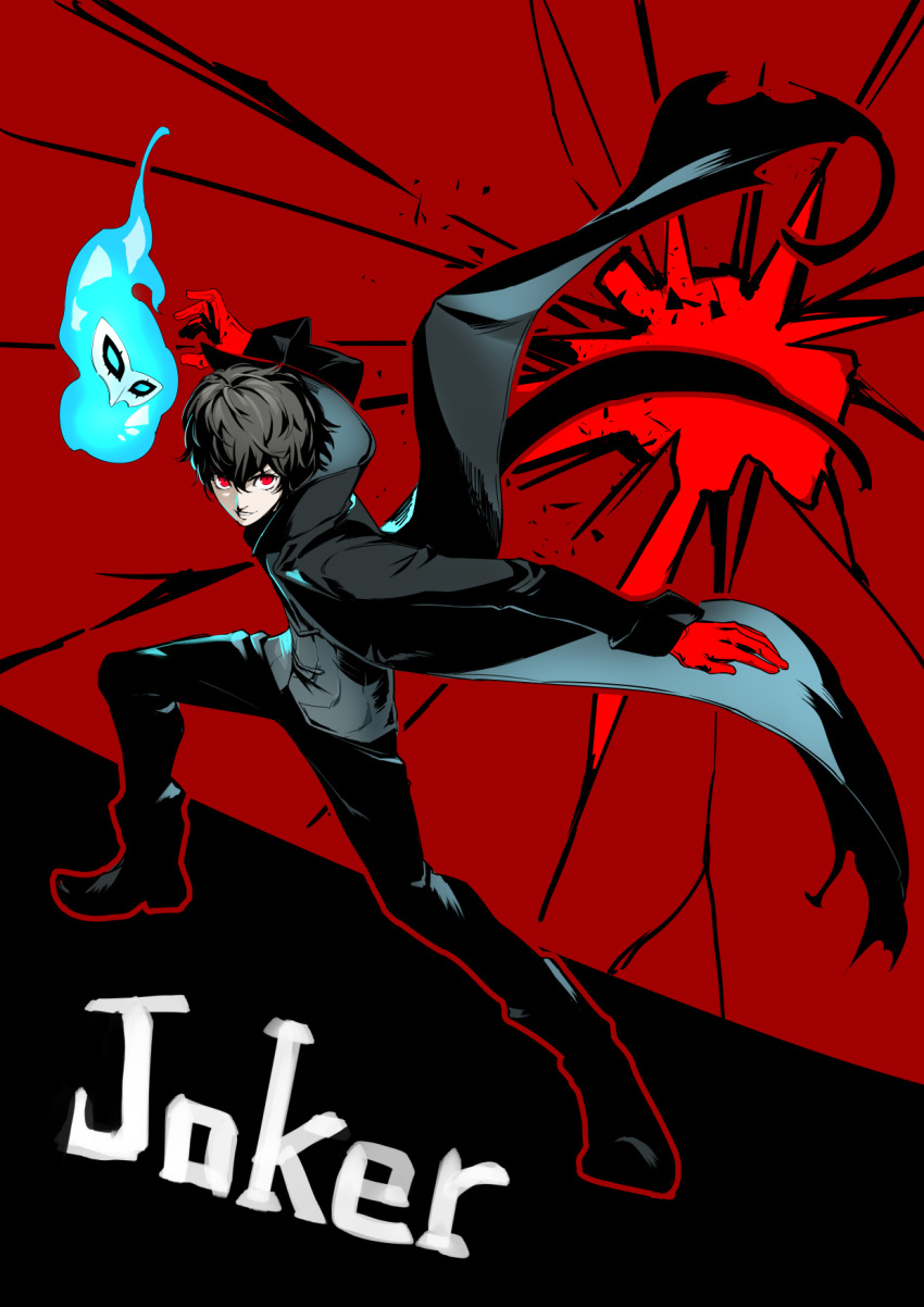 amamiya_ren asutora black_coat black_footwear black_hair black_pants boots coat fighting_stance gloves hair_between_eyes highres long_sleeves looking_at_viewer mask open_clothes open_coat pants parted_lips persona persona_5 red_background red_eyes red_gloves smile