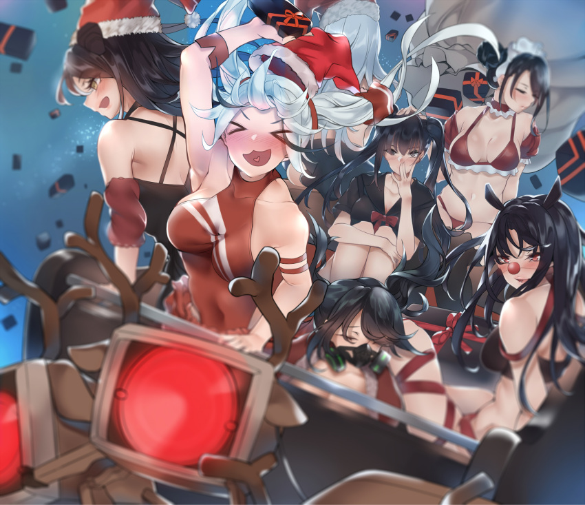 &gt;_&lt; 6+girls agent_(girls_frontline) antlers bababababan bikini_top black_hair blush box character_request christmas closed_eyes destroyer_(girls_frontline) dinergate_(girls_frontline) dreamer_(girls_frontline) executioner_(girls_frontline) gas_mask gift gift_bag gift_box girls_frontline hat highres maid_bikini maid_headdress multiple_girls one-piece_swimsuit open_mouth ouroboros_(girls_frontline) reindeer_antlers sack sangvis_ferri santa_hat scarecrow_(girls_frontline) school_uniform serafuku sled smile swimsuit white_hair