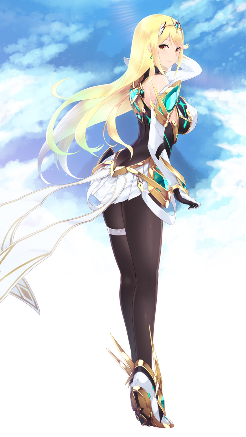 1girl armor bangs bare_shoulders black_legwear blonde_hair blue_sky blush breasts brown_eyes cait closed_mouth clouds cloudy_sky commentary_request day earrings eyebrows_visible_through_hair from_behind gem gloves headpiece highres mythra_(xenoblade) jewelry large_breasts long_hair looking_at_viewer looking_back nintendo pantyhose skirt sky smile solo standing swept_bangs thigh_strap tiara white_gloves white_skirt wind xenoblade_(series) xenoblade_2