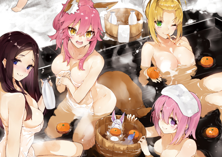 &gt;:) 4girls ;) alternate_costume animal animal_ears blonde_hair blue_eyes blush bottle breasts brown_hair bucket commentary_request eating fate/extra fate/grand_order fate_(series) food fou_(fate/grand_order) fox_ears fox_tail fruit green_eyes highres holding holding_bottle holding_food kou_mashiro large_breasts leonardo_da_vinci_(fate/grand_order) long_hair mandarin_orange mash_kyrielight multiple_girls naked_towel nero_claudius_(fate) nero_claudius_(fate)_(all) one_eye_closed onsen open_mouth partially_submerged pink_hair sitting smile symbol_commentary tail tamamo_(fate)_(all) tamamo_no_mae_(fate) tokkuri towel towel_on_head violet_eyes water wet_towel yellow_eyes