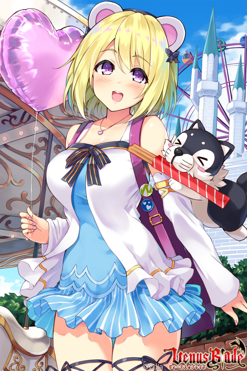 1girl :d animal_ears backpack bag bare_shoulders blonde_hair blue_dress blue_sky blush breasts carnival carousel castle cleavage clouds collarbone copyright_name cowboy_shot creature day detached_sleeves dress ferris_wheel head_tilt heart heart_balloon heart_necklace highres hisenkaede holding_balloon jewelry long_sleeves looking_at_viewer medium_breasts nail_polish necklace official_art open_mouth outdoors pink_nails short_hair sky sleeves_past_wrists smile solo standing venus_blade violet_eyes watermark