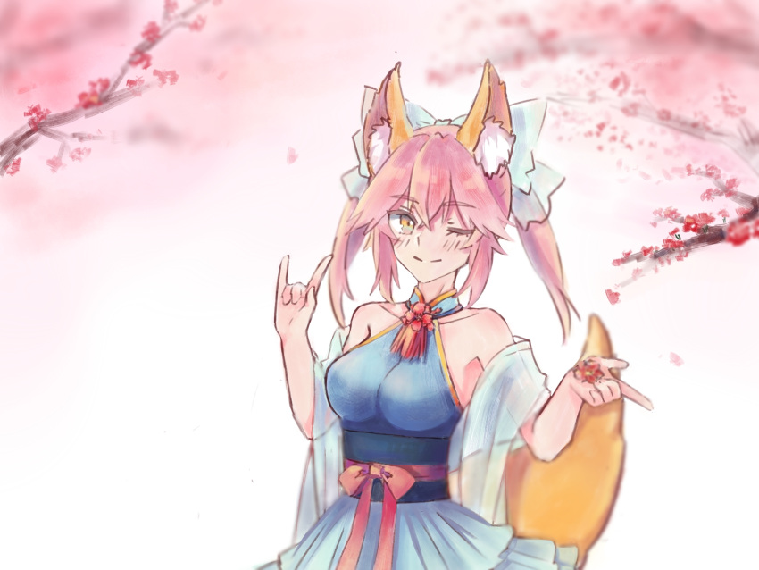 1girl ;) alternate_costume animal_ear_fluff animal_ears ayul breasts collarbone fate/extra fate/grand_order fate_(series) flower fox_ears fox_girl fox_shadow_puppet fox_tail highres large_breasts one_eye_closed pink_hair smile solo tail tamamo_(fate)_(all) tamamo_no_mae_(fate) tree yellow_eyes