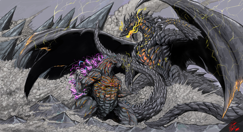 2boys absurdres ancalagon battle black_wings blue_eyes claws clouds cloudy_sky commentary commission crossover dark_clouds dragon dragon_horns dragon_tail dragon_wings dust electricity english_commentary fire gabe-tke giant glowing glowing_eye glowing_eyes godzilla godzilla:_planet_of_the_monsters godzilla_(series) godzilla_earth grey_sky highres horn horns kaijuu large_wings lightning lord_of_the_rings molten_rock monster mountain multiple_boys no_humans open_mouth orange_eyes scales sharp_teeth signature size_difference sky smoke spikes tail teeth tongue tongue_out traditional_media wings